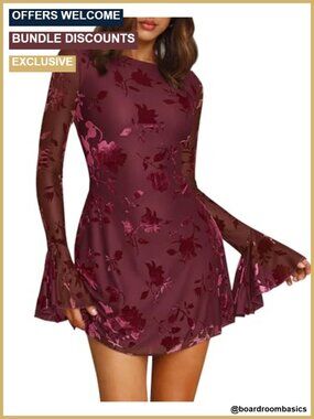 Women's Floral Wedding Guest Mini Dress Long Sleeve A-Line Cocktail Party Dress